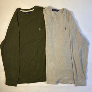 Lot of 2 Polo Ralph Lauren Mens XXL Thermal Waffle Knit Shirts Olive & Oatmeal